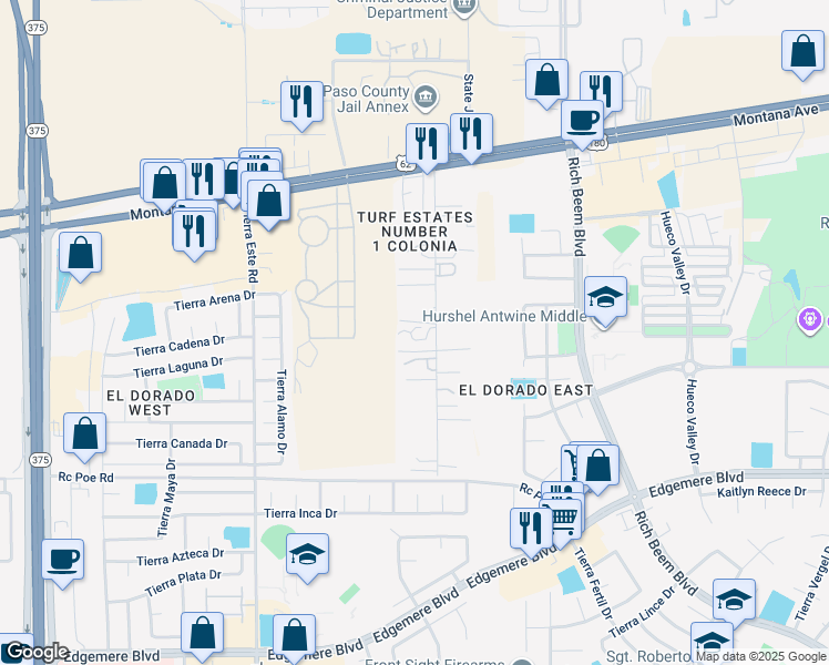 map of restaurants, bars, coffee shops, grocery stores, and more near 4567 Turf Road in El Paso