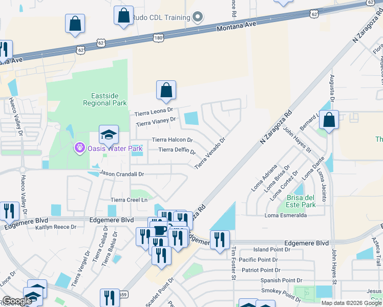 map of restaurants, bars, coffee shops, grocery stores, and more near 14141 Tierra Delfin Drive in El Paso