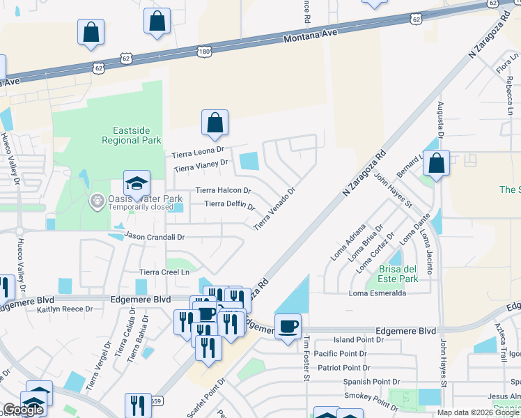 map of restaurants, bars, coffee shops, grocery stores, and more near 14141 Tierra Delfin Drive in El Paso
