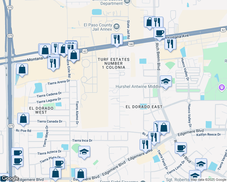 map of restaurants, bars, coffee shops, grocery stores, and more near 4567 Turf Road in El Paso