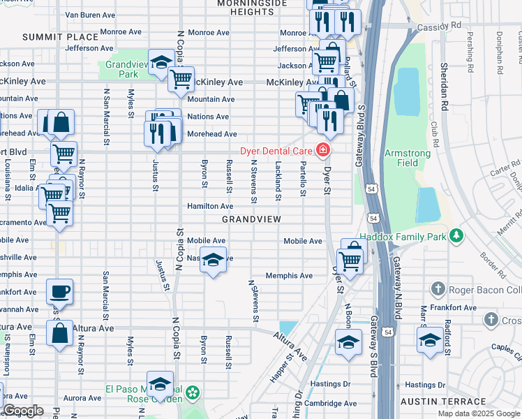 map of restaurants, bars, coffee shops, grocery stores, and more near 3708 Hamilton Avenue in El Paso