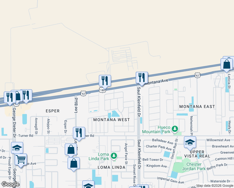 map of restaurants, bars, coffee shops, grocery stores, and more near 11600 Saint Thomas Way in El Paso