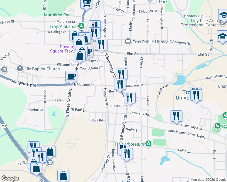 map of restaurants, bars, coffee shops, grocery stores, and more near 200 Bell Street in Troy