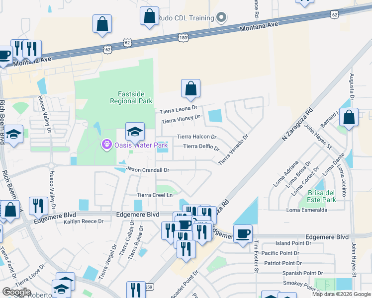 map of restaurants, bars, coffee shops, grocery stores, and more near 14060 Tierra Delfin Drive in El Paso