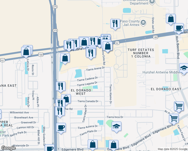 map of restaurants, bars, coffee shops, grocery stores, and more near 3909 Tierra Lana Way in El Paso