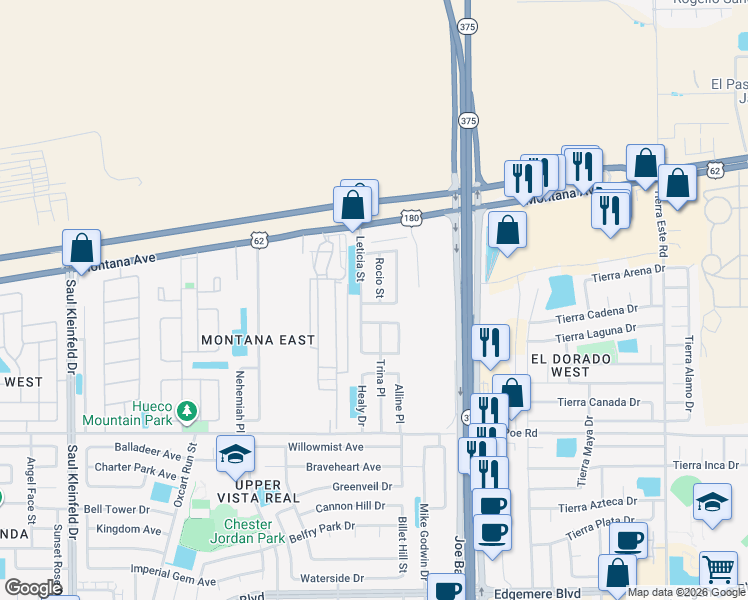 map of restaurants, bars, coffee shops, grocery stores, and more near 3801 Rocio Street in El Paso