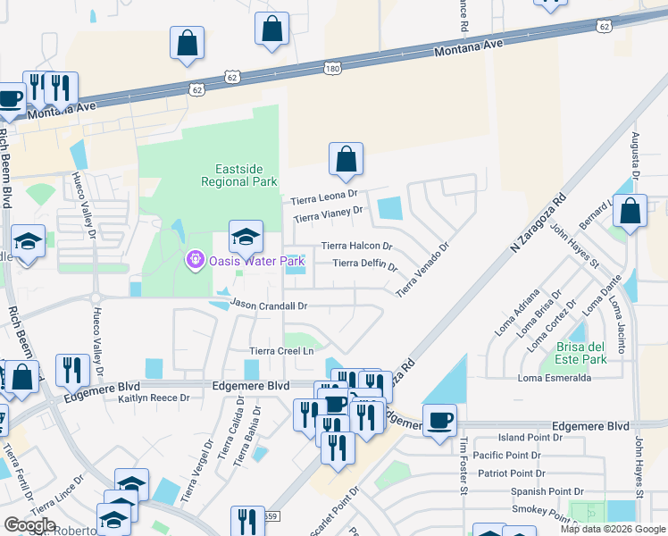 map of restaurants, bars, coffee shops, grocery stores, and more near 14060 Tierra Delfin Drive in El Paso