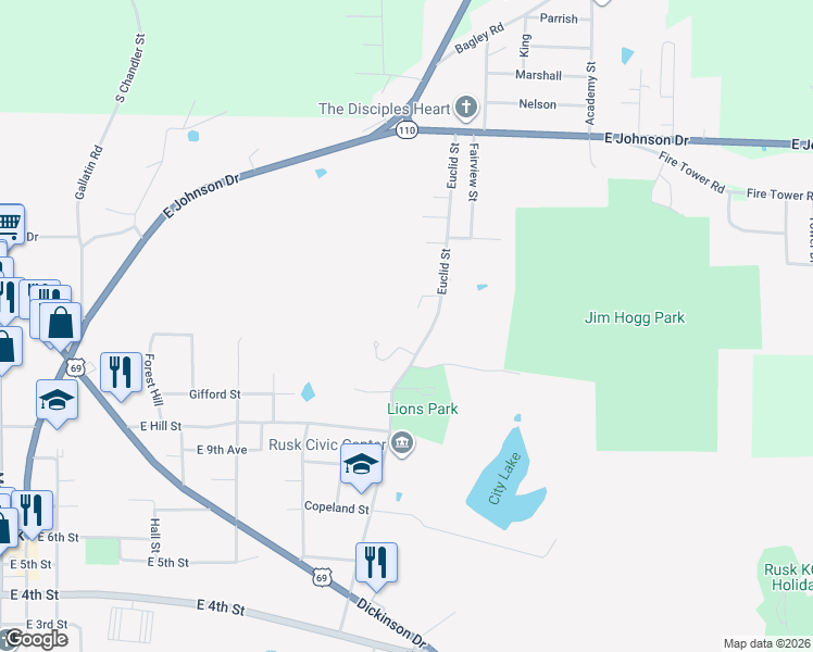 map of restaurants, bars, coffee shops, grocery stores, and more near 236 Euclid Street in Rusk