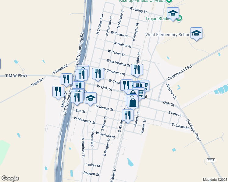 map of restaurants, bars, coffee shops, grocery stores, and more near 311 West Oak Street in West