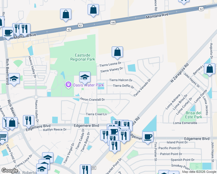 map of restaurants, bars, coffee shops, grocery stores, and more near 14060 Tierra Delfin Drive in El Paso