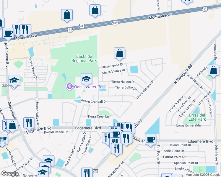 map of restaurants, bars, coffee shops, grocery stores, and more near 14060 Tierra Delfin Drive in El Paso