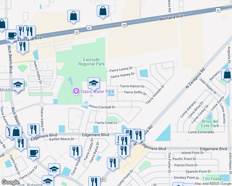 map of restaurants, bars, coffee shops, grocery stores, and more near 3981 Tierra Oso Place in El Paso