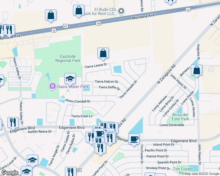 map of restaurants, bars, coffee shops, grocery stores, and more near 3985 Tierra Sur Place in El Paso