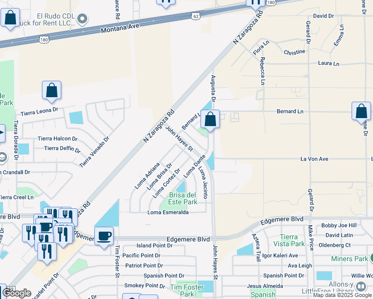 map of restaurants, bars, coffee shops, grocery stores, and more near 3832 Loma Jacinto in El Paso