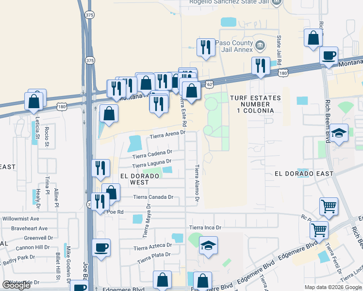 map of restaurants, bars, coffee shops, grocery stores, and more near 3904 Tierra Marfil Road in El Paso