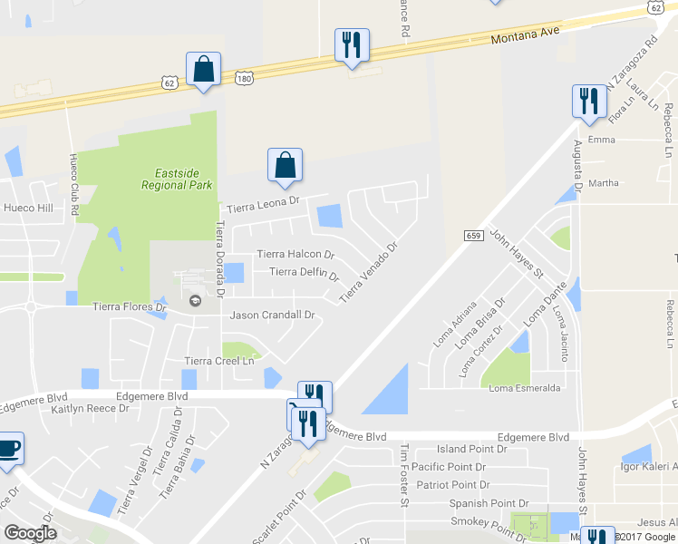 map of restaurants, bars, coffee shops, grocery stores, and more near 14145 Tierra Delfin Dr in El Paso