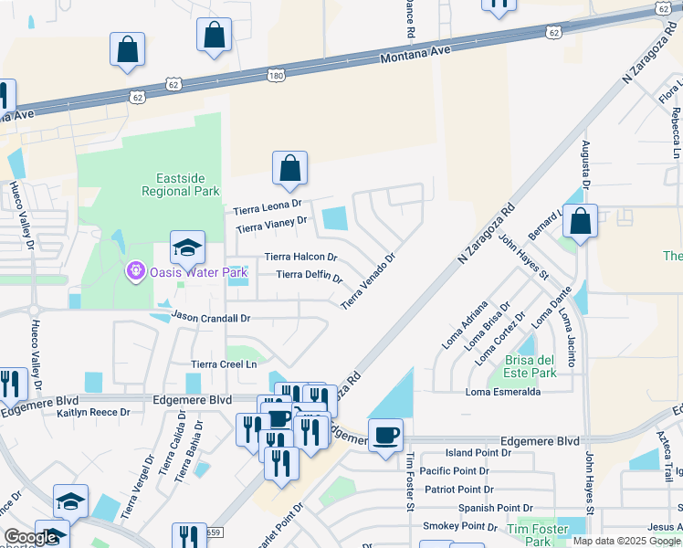 map of restaurants, bars, coffee shops, grocery stores, and more near 14141 Tierra Delfin Drive in El Paso