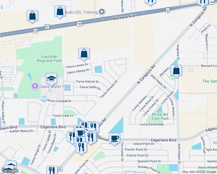 map of restaurants, bars, coffee shops, grocery stores, and more near 4004 Tierra Venado Drive in El Paso