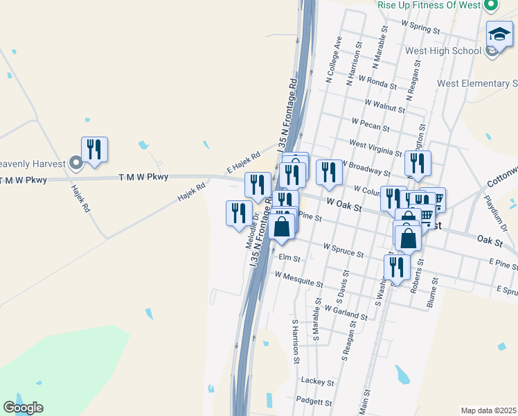 map of restaurants, bars, coffee shops, grocery stores, and more near North Interstate 35 Frontage Road in West