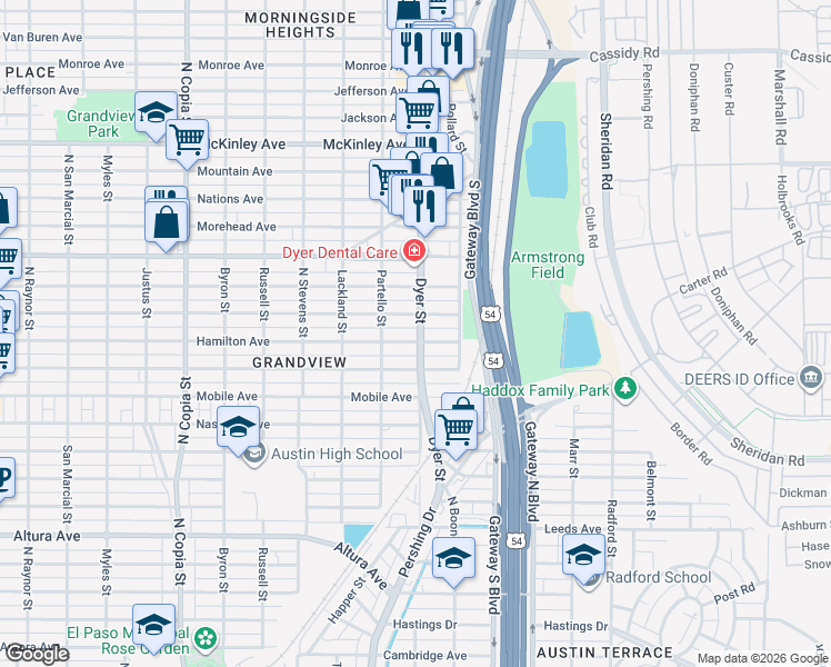 map of restaurants, bars, coffee shops, grocery stores, and more near 3001 Dyer Street in El Paso