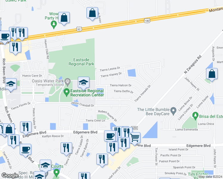 map of restaurants, bars, coffee shops, grocery stores, and more near 14057 Tierra Delfin Drive in El Paso