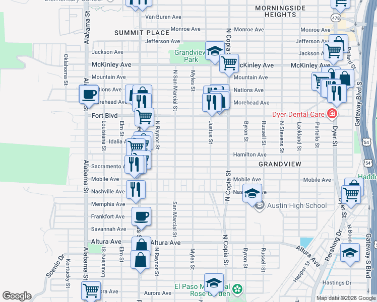 map of restaurants, bars, coffee shops, grocery stores, and more near 3204 Hamilton Avenue in El Paso