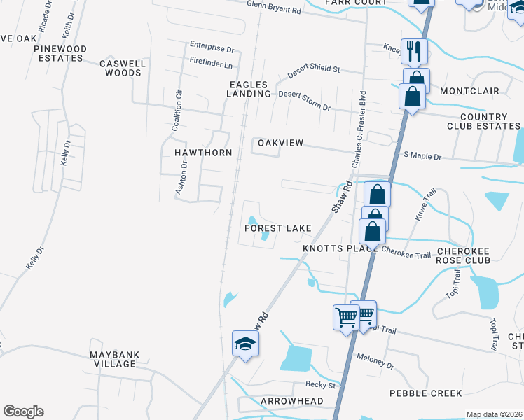 map of restaurants, bars, coffee shops, grocery stores, and more near 1326 Forest Lake Drive in Hinesville