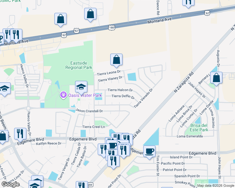 map of restaurants, bars, coffee shops, grocery stores, and more near 3985 Tierra Sur Place in El Paso