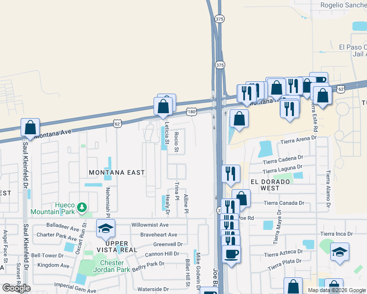 map of restaurants, bars, coffee shops, grocery stores, and more near 3801 Rocio Street in El Paso