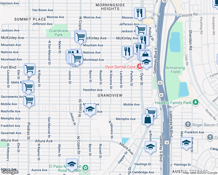 map of restaurants, bars, coffee shops, grocery stores, and more near 3708 Hamilton Avenue in El Paso