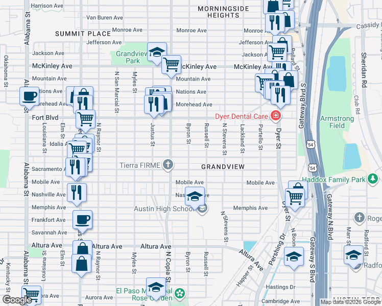 map of restaurants, bars, coffee shops, grocery stores, and more near 3504 Hamilton Avenue in El Paso