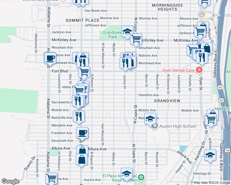 map of restaurants, bars, coffee shops, grocery stores, and more near 3204 Hamilton Avenue in El Paso