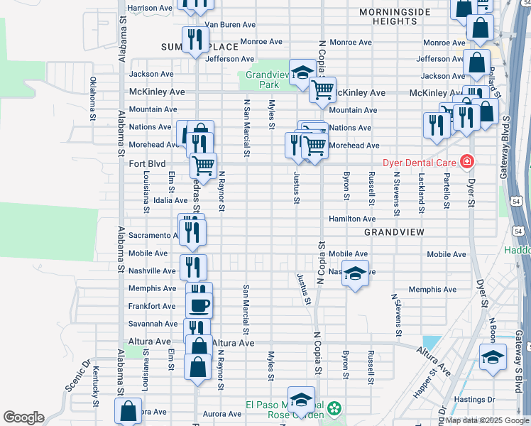 map of restaurants, bars, coffee shops, grocery stores, and more near 3204 Hamilton Avenue in El Paso