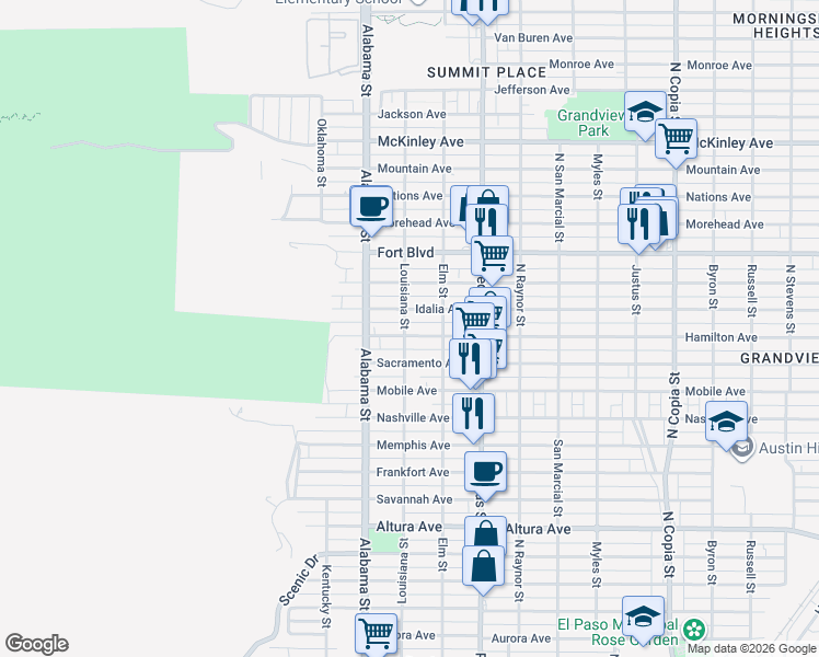 map of restaurants, bars, coffee shops, grocery stores, and more near 2704 Hamilton Avenue in El Paso