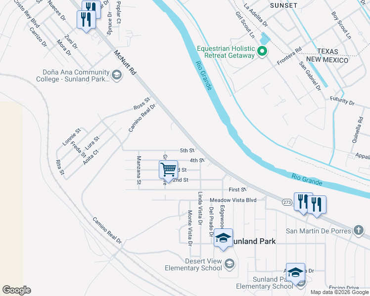 map of restaurants, bars, coffee shops, grocery stores, and more near 109 Fifth Street in Sunland Park