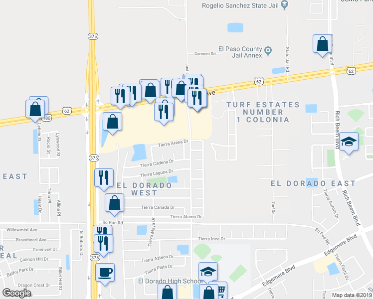 map of restaurants, bars, coffee shops, grocery stores, and more near 3904 Tierra Marfil Road in El Paso