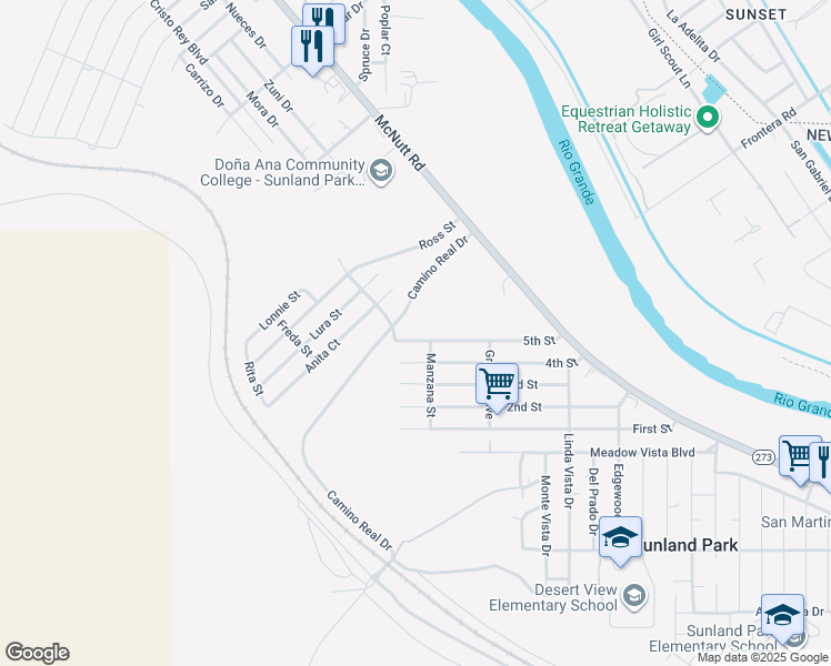 map of restaurants, bars, coffee shops, grocery stores, and more near 301 5th Street in Sunland Park