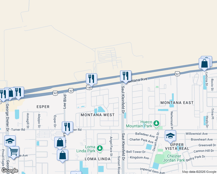 map of restaurants, bars, coffee shops, grocery stores, and more near 11629 Saint Thomas Way in El Paso
