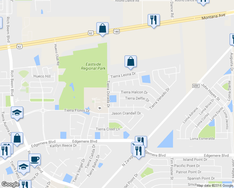 map of restaurants, bars, coffee shops, grocery stores, and more near 14024 Tierra Halcon Drive in El Paso