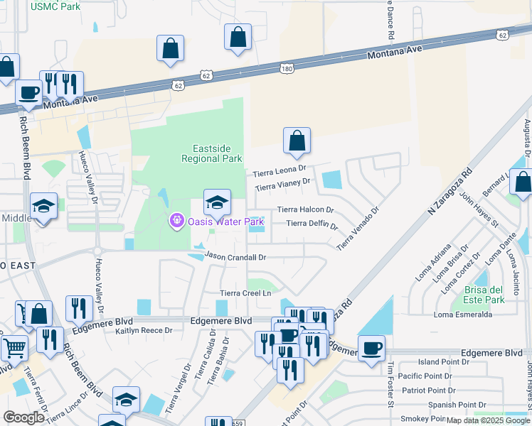 map of restaurants, bars, coffee shops, grocery stores, and more near 3981 Tierra Oso Place in El Paso