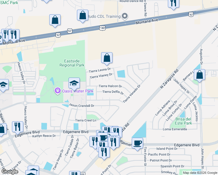 map of restaurants, bars, coffee shops, grocery stores, and more near 3985 Tierra Sur Place in El Paso
