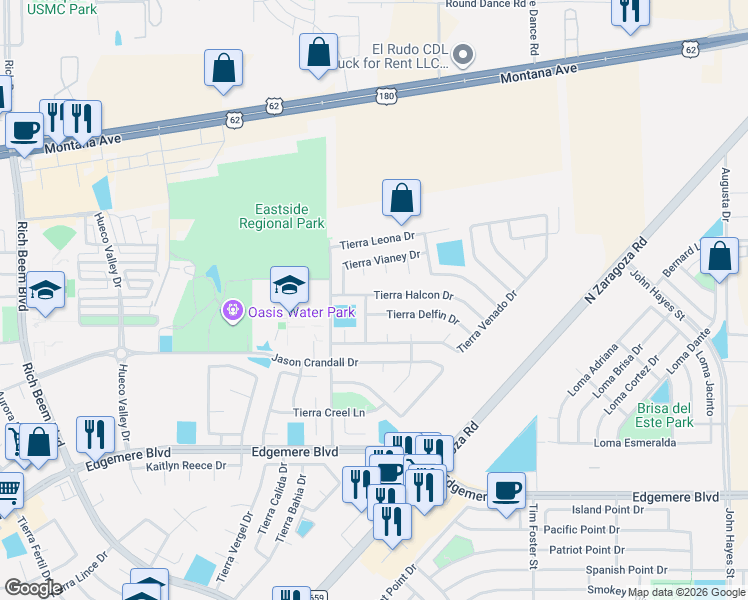 map of restaurants, bars, coffee shops, grocery stores, and more near 14060 Tierra Delfin Drive in El Paso