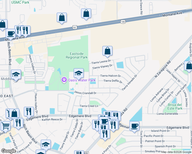 map of restaurants, bars, coffee shops, grocery stores, and more near 3981 Tierra Oso Place in El Paso