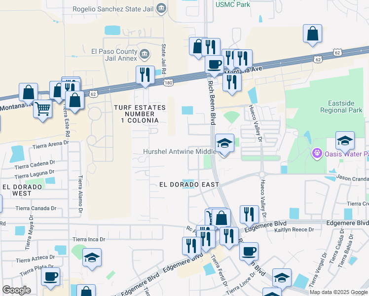 map of restaurants, bars, coffee shops, grocery stores, and more near 3921 Tierra Roman Drive in El Paso