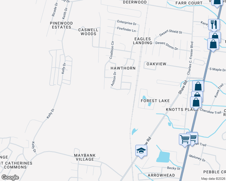 map of restaurants, bars, coffee shops, grocery stores, and more near 1719 Ashton Drive in Hinesville
