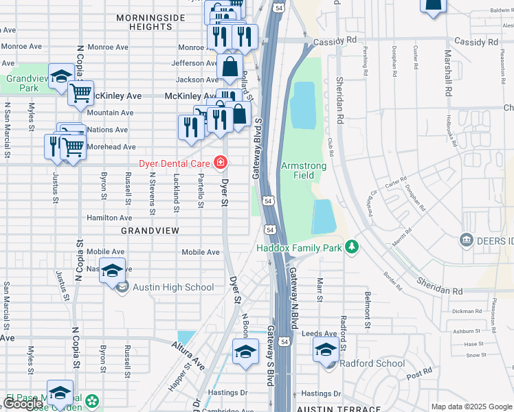map of restaurants, bars, coffee shops, grocery stores, and more near 2920 Pollard Street in El Paso