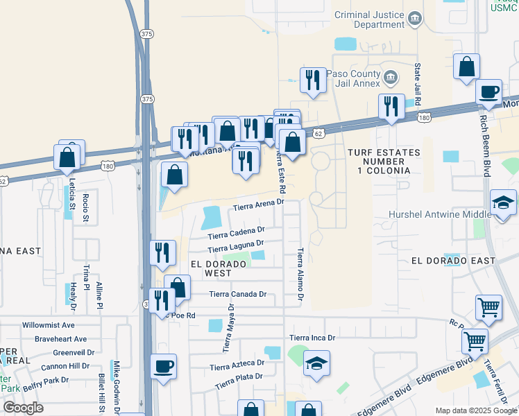 map of restaurants, bars, coffee shops, grocery stores, and more near 12352 Tierra Arena Drive in El Paso