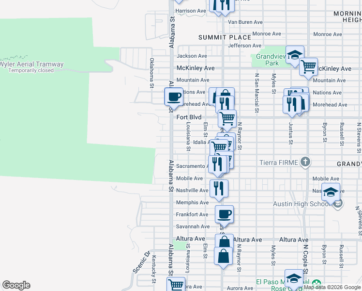 map of restaurants, bars, coffee shops, grocery stores, and more near 2604 Porter Avenue in El Paso