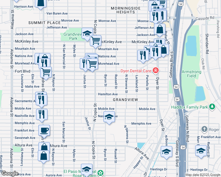 map of restaurants, bars, coffee shops, grocery stores, and more near 3504 Porter Avenue in El Paso