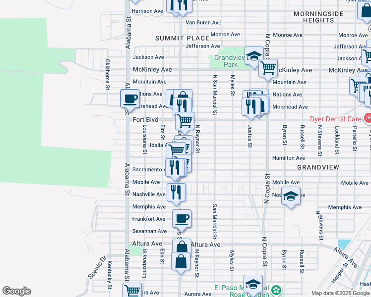map of restaurants, bars, coffee shops, grocery stores, and more near 3116 North Piedras Street in El Paso